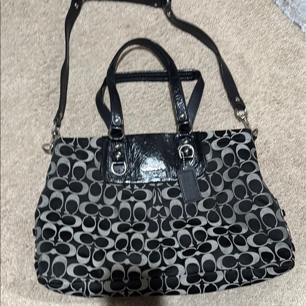 Coach Black and Gray Signature Shoulder Bag with Patent Accents